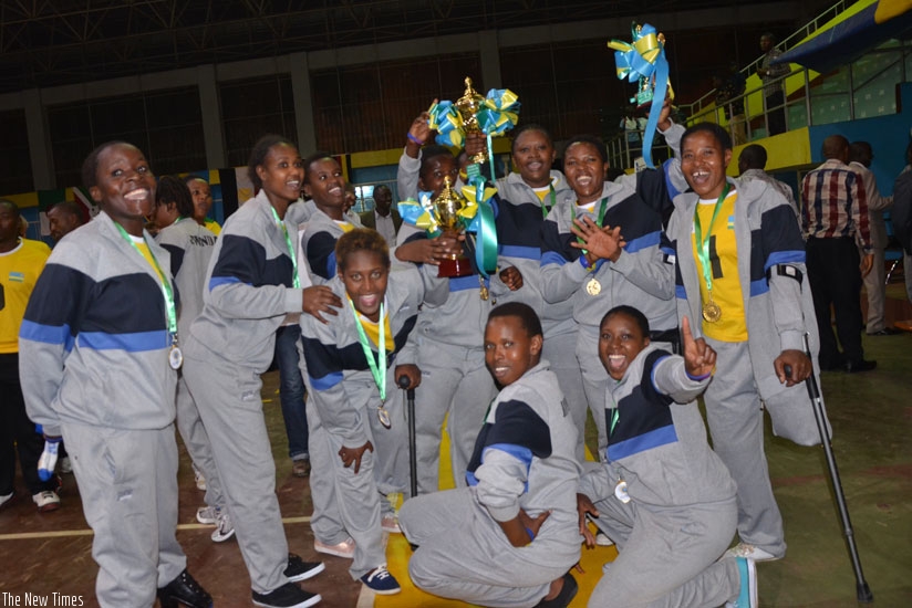 Rwanda women's sitting volleyball team celebrates after historic qualification to the Rio 2016 Paralympic Games in Brazil. (Sam Ngendahimana)