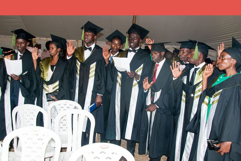 Graduates of the College of Medicine and Health Sciences take the oath at their graduation yesterday. (Teddy Kamanzi)