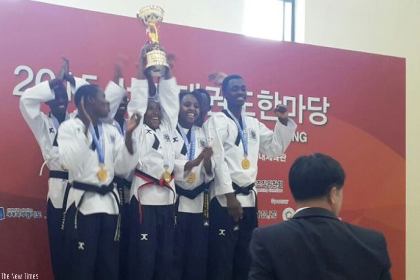 Team Rwanda celebrate after emerging the best African team at the just concluded Hanmadang International Taekwondo Festival in South Korea. (Courtesy)