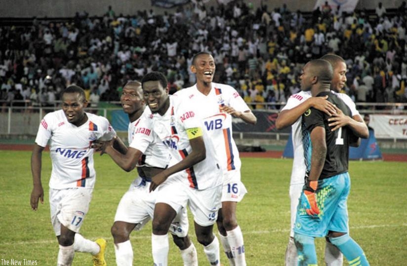 Mugiraneza (4th left) celebrates with his teammates after their quarter-final win over Yanga. (Net photo)