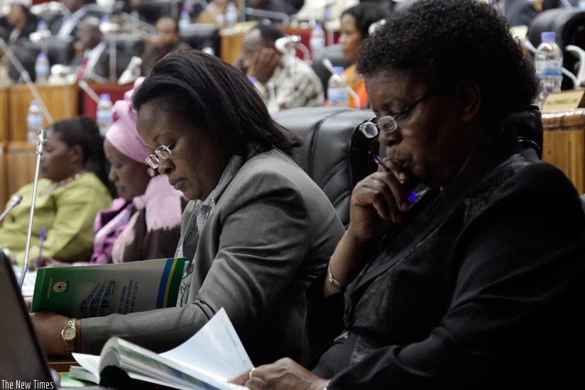 Some female Members of Parliament during a recent plenary session. Rwanda boasts the highest proportion of women MPs globally, with women constituting 64 per cent of the Lower House. (File)