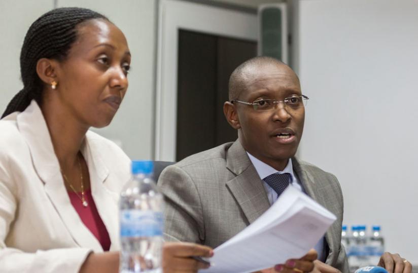 Eng Coletha Ruhamya, the chairperson of the RURA board (L) together with the director-general Patrick Nyirishema brief the media yesterday. (Timothy Kisambira)