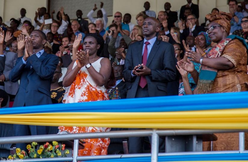 L-R: Venantie Tugireyezu, the Minister in the Office of the President, Francis Kaboneka, the Local Government Minister and Seraphine Mukantabana, the Minister for Disaster Management and Refugee Affairs, at the Rwanda Shima  Imana event held at Amahoro Stadium in Kigali, yesterday. (Doreen Umutesi)