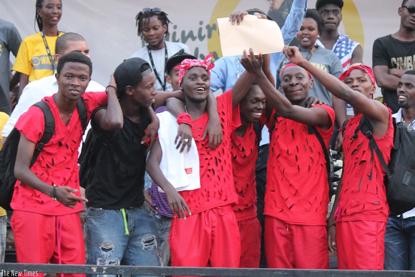 Members of The Finest Crew celebrate after winning the dance competition. (Moses Opobo)