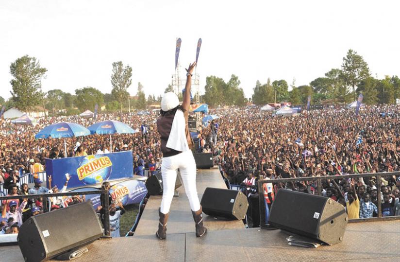 'Umusirimu' singer performs at one of the Primus Guma Guma roadshows. 