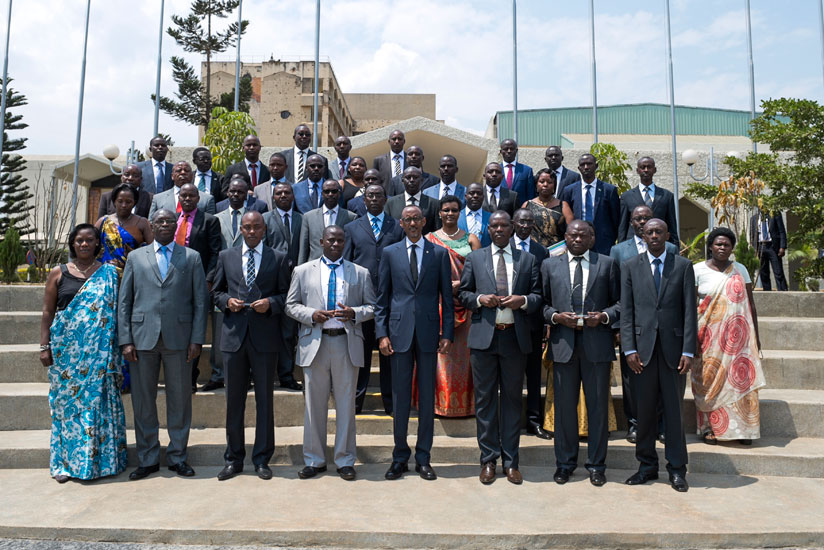 President Kagame with Central and Local Government leaders after they signed Imihigo yesterday at Parliament in Kigali.  (Village Urugwiro)