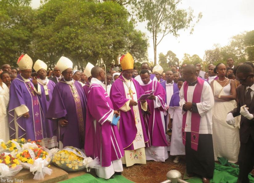 Bishop Kambanda leads the requiem service at Rwamagana Catholic Church yesterday. (Stephen Rwembeho)