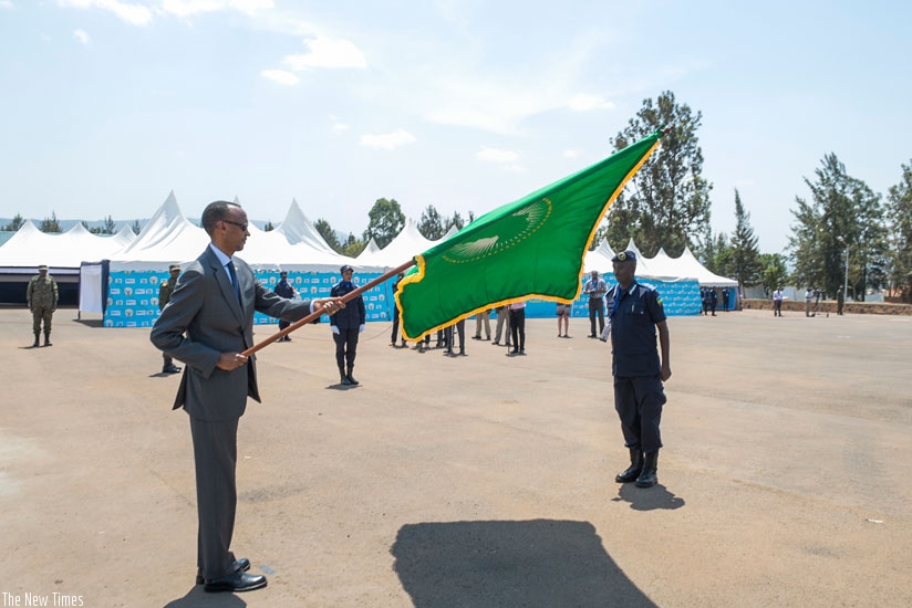 President Kagame flags off the training exercise against gender-based violence at Rwanda National Police headquarters in Kigali yesterday. The three-day exercise brings together uniformed personnel from thirty countries across Africa.  (Village Urugwiro)