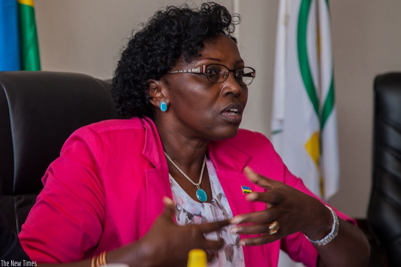 MP Juliana Kantengwa stresses a point during the meeting with visiting Dutch MPs at Parliament yesterday. (Faustin Niyigena)