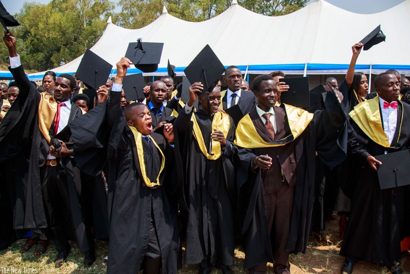 Students of University of Rwanda's College of Education celebrate during their graduation recently. One cannot graduate even if they pass all the other subjects but fail an English proficiency test. (Timothy Kisambira)