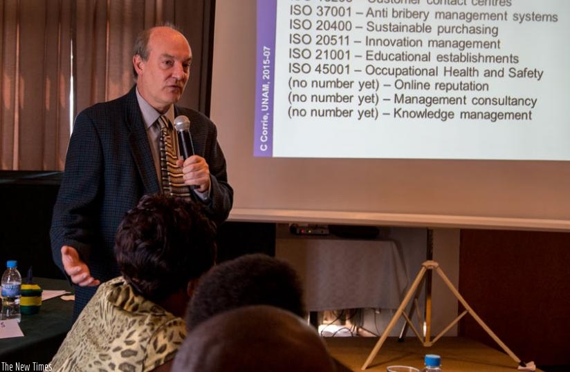 Charles Corrie, from British Standards Institution, facilitates at the regional workshop on occupational safety held in Kigali on Wednesday. (Doreen Umutesi)