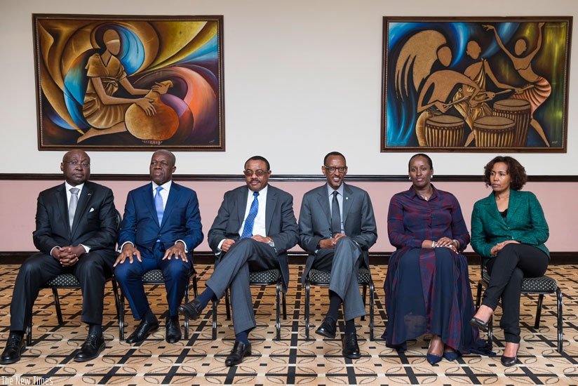 President Kagame and First Lady Mrs Jeannette Kagame, with Ethiopian Prime Minister Hailemariam Desalegn (3rd left); Ghana Vice President Kwesi Amissah-Arthur (2nd left); outgoing AfDB president, Dr Donald Kaberuka (left); and Azeb Mesfin Haile, former Ethiopian First Lady and founder of the Meles Zenawi Foundation after the opening of the Foundation's  inaugural symposium in Kigali yesterday. (Village Urugwiro)