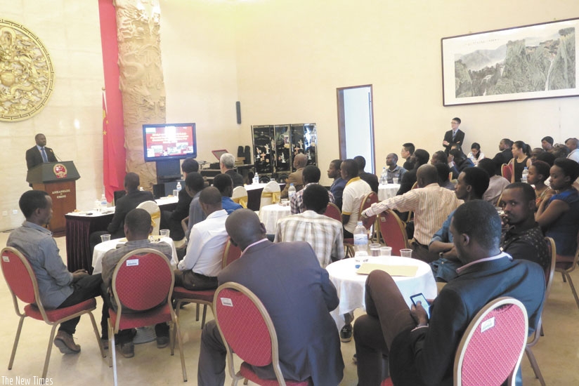 The China bound students during a cocktail at the Chinese embassy on Thursday. (Julius Bizimungu)