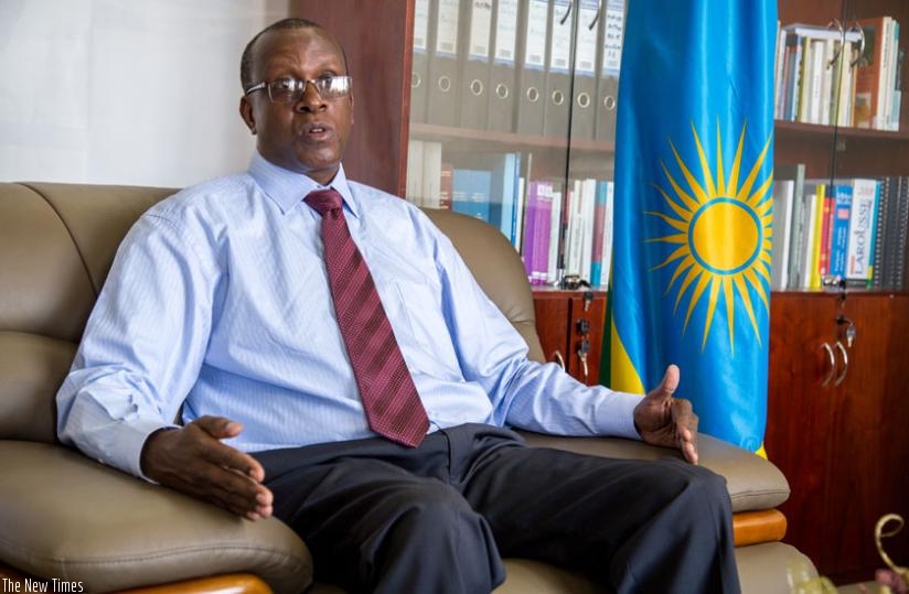 Dr Bizimana addresses the media at his office in Kigali yesterday. (Doreen Umutesi)