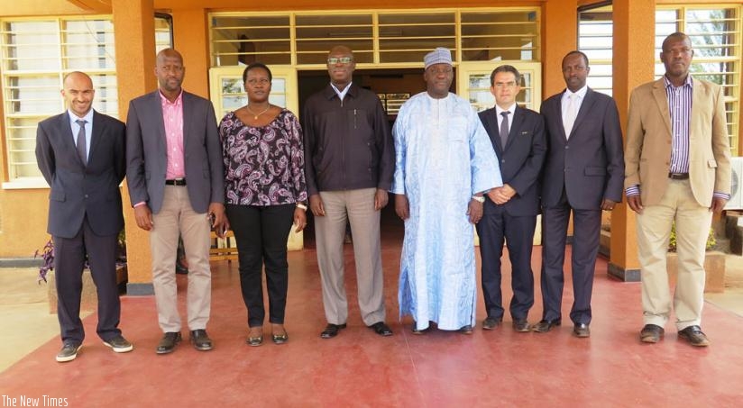 Prime Minister Anastase Murekezi (C), Minister Uwacu (third R) and CAF vice-president Kabele Camara (4th left) are pictured together with other offials from CAF and Rwanda in Huye after the inspection. (E. Ntirenganya)