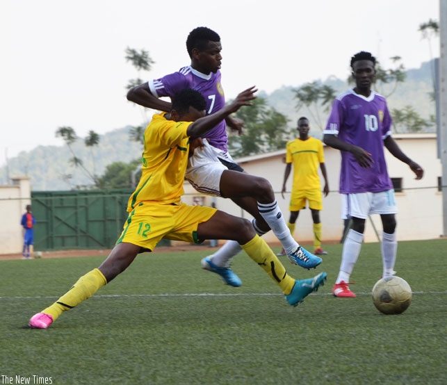 Sunrise FC (in purple) eliminated AS Kigali (yellow) in the group stages. Mulisa's team take on Police FC in today's final at Amahoro Stadium. (File)