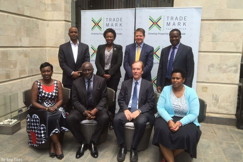 Frank Matsaert, CEO of TMEA (second from right), on his left is Ali Mufuruki, Chairman of TMEA's new Board of Directors and Rwanda's representative on the Board Rosette Rugamba, behind Rugamba is Anthony Masozera, another Rwandan representative on the board. (File)