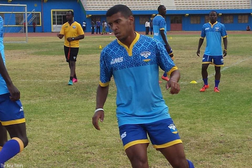 Quentin Rushenguziminega trains with Amavubi yesterday at Amahoro stadium. The Swiss-based striker is in line for his first international cap on Saturday. (Courtesy)