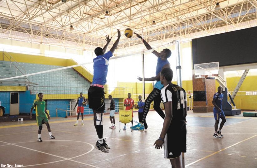 The national volleyball team, during training before departing for Brazzaville. The team will open their AAG campaign against Algeria today. (S. Ngendahimana)