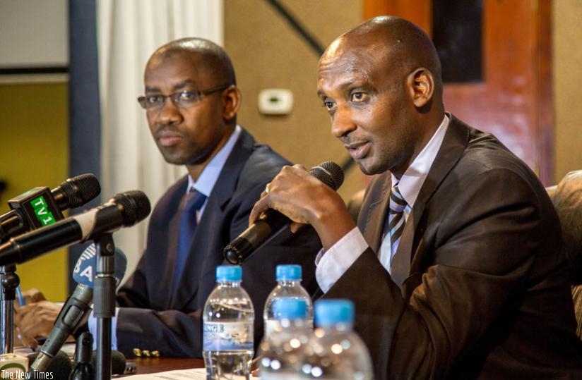 Tusabe briefs the media in Kigali yesterday as Pascal Bizimana Ruganintwali, the deputy commissioner-general and commissioner for corporate services, looks on. (D. Umutesi)