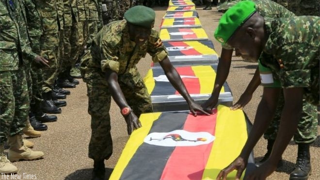 Bodies of fallen Ugandan peacekeepers. (Internet photo)