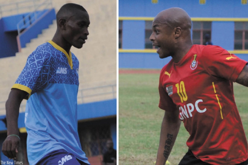 Jean Baptiste Mugiraneza (L) will have a tough job to stop the in-form Andre Ayew (R) this afternoon at Amahoro stadium. (Sam Ngendahimana)