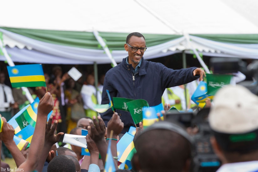 President Paul Kagame greets residents at the 11th Annual Kwita Izina celebrations in Kinigi, Northern Province yesterday. (Village Urugwiro)