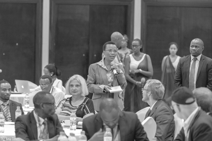 Dr Rose Mukankomeje, the director-general of Rwanda Environment Management Authority, reacts to a question related to funds required to conserve the environment during the u2018conversation on conservationu2019 forum in Kigali last week. (Timothy Kisambira)