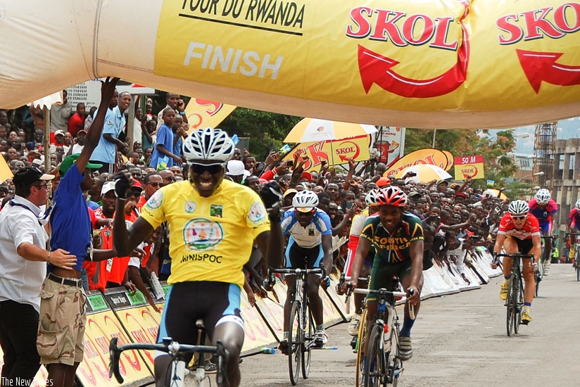 Valens Ndayisenga celebrates as he crosses the finish line to win the 2014 Tour du Rwanda. (File)