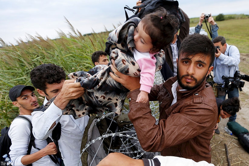 A Syrian migrant hands a girl to another migrant over the barbed wire barrier along the Hungarian-Serbian border. (Courtesy)