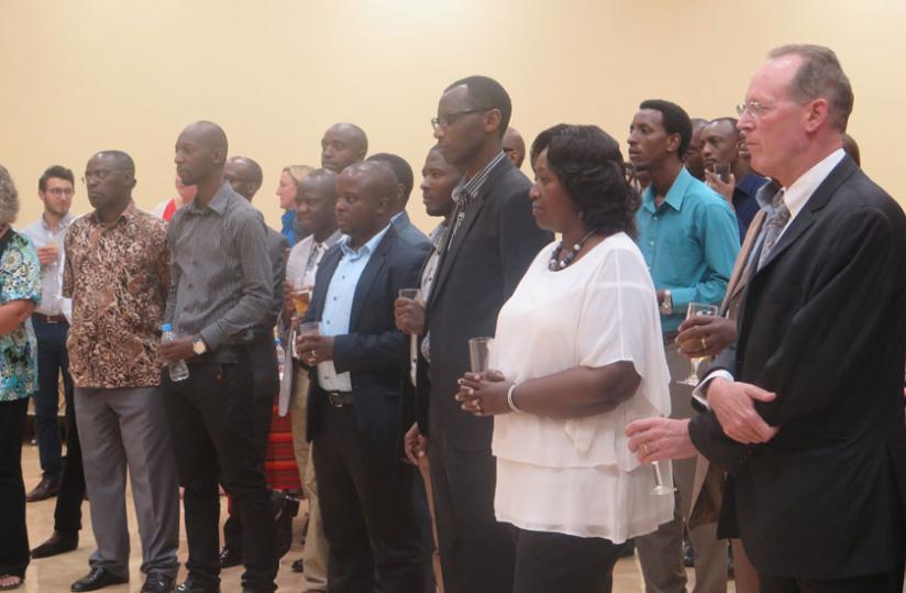 R-L: Dr Farmer, Binagwaho and Musafiri with other officials and students at the launch of the new university. (Sharon Kantegwa)