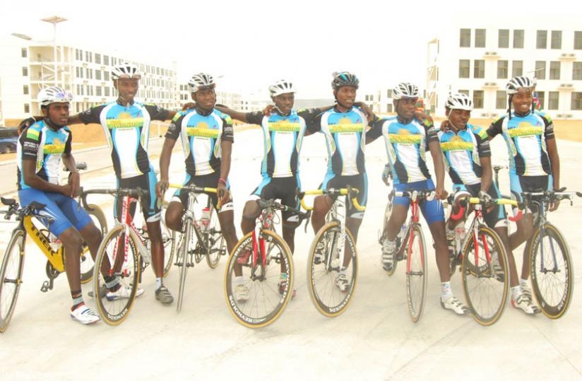 Team Rwanda riders pose for a group photo ahead of the road race. (Courtesy)