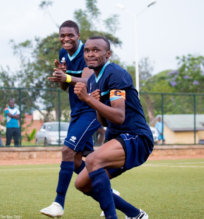 Police FC captain Jacques, celebrates with a teammate after scoring against Kiyovu in last seasonu2019s league opener, he hopes to do the same against Mukura today. (File)