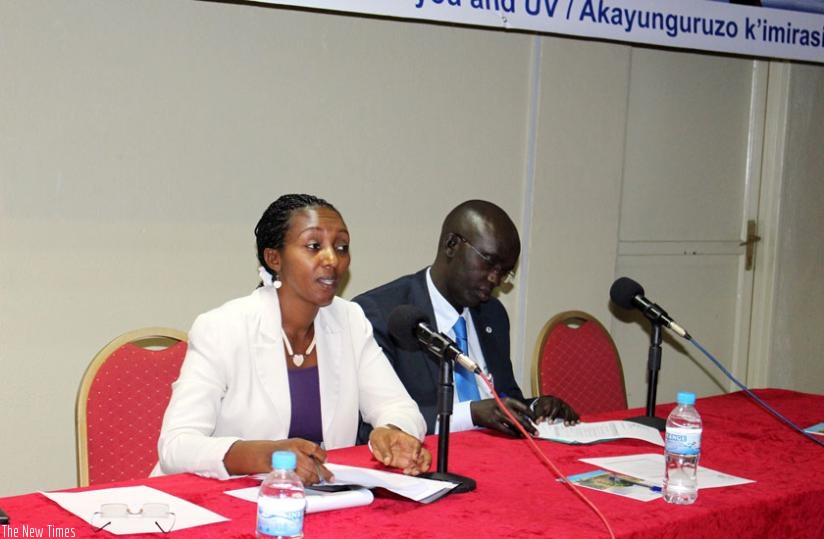 Eng. Ruhamya (L) briefs the media on raising awareness of ozone layer protection in Kigali yesterday as Dr Rudakemwa looks on. (Michel Nkurunziza) Eng. Ruhamya (L) briefs the media on raising awareness of ozone layer protection in Kigali yesterday as Dr Rudakemwa looks on. (Michel Nkurunziza)