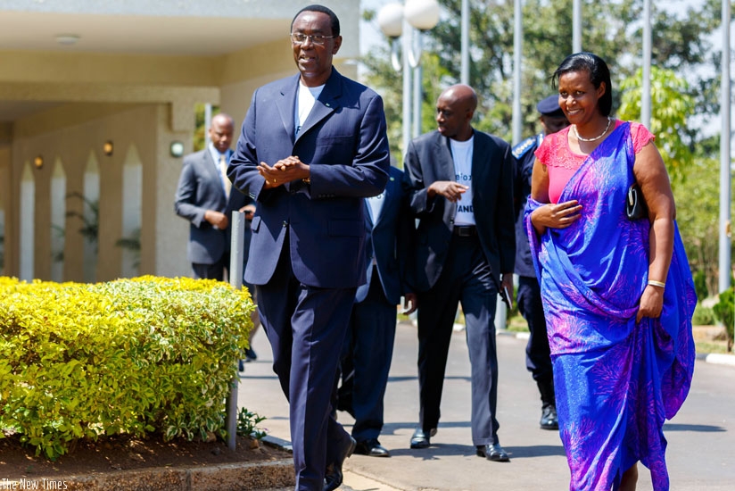 Senate president Bernard Makuza (L) chats with Gender and Family Promotion minister Oda Gasinzingwa on their arrival at Parliament ahead of the launch of the HeForShe campaign yesterday. (All photos by Timothy Kisambira)