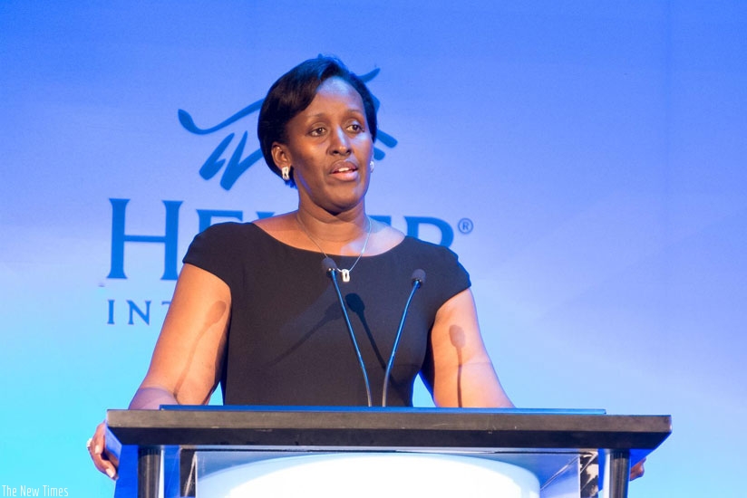 First Lady Jeannette Kagame speaking at Heifer Gala in Beverly Hills, California on Friday. (Louella Allen Photography)