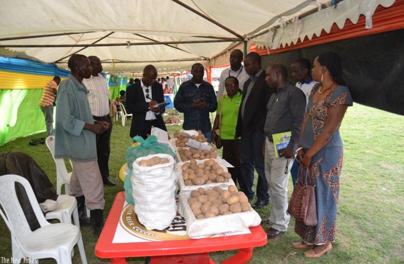 A seed  multiplier explains the process they go through to get quality seeds during the expo last week. (Jean d'Amour Mbonyinshuti)