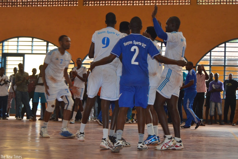 Rayon Sports players celebrate a point during the match against APR on Sunday. (Peter Kamasa)