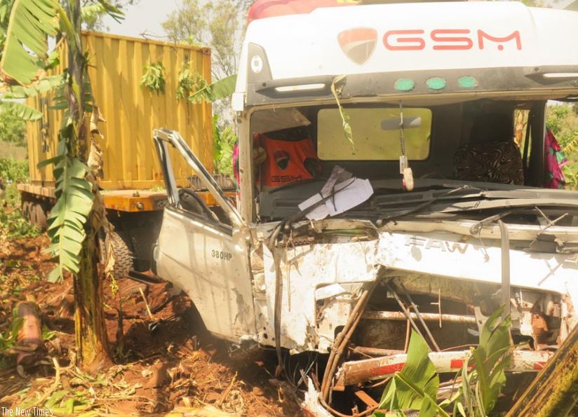 The Tanzania-registered cargo truck that smashed into an oncoming minibus at Akabuga ka Musha in Rwamagana District, on Monday, killing 18 people on the spot and injuring two others. Police blamed the accident on speeding. (File)