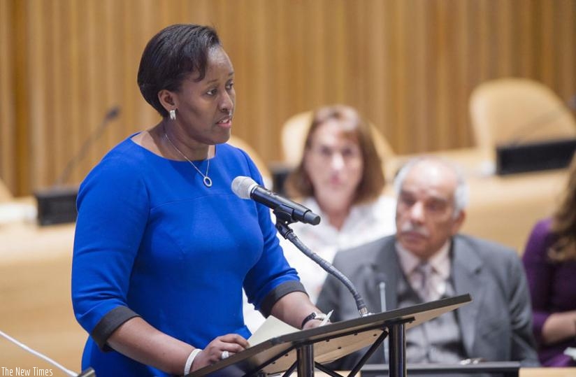 First Lady Jeannette Kagame addresses the meeting on children's right at the UN headquarters in New York, United States yesterday. (Courtesy)