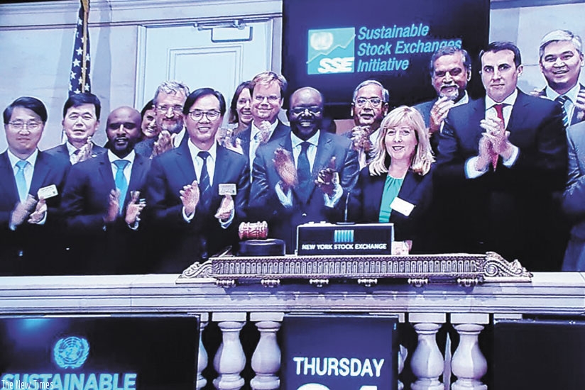 Rwabukumba (third left) joins Mukhisa Kituyi (centre), the UNCTAD Secretary-General, and other delegates from the UN SSI partner exchanges at the New York Stock Exchange after RSE was admitted as a partner exchange on Thursday. (Courtsey)