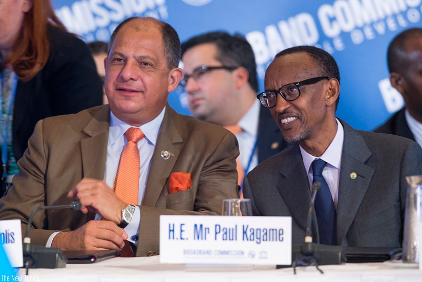 President Kagame and Costa Rica President Luis Guillermo Solis Rivera, who is also ITU Patron for Youth and ICT, during a meeting of the UN Broad Band Commission yesterday. (Village Urugwiro)