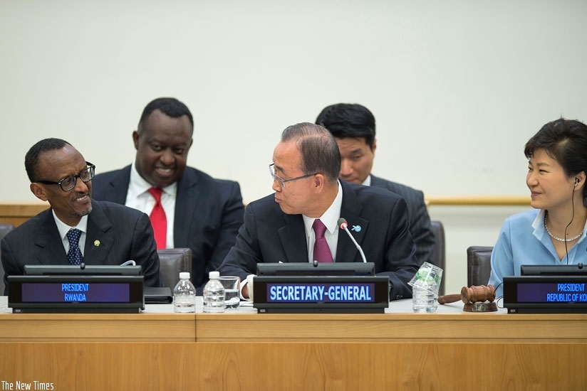 President Kagame, UN Secretary-General Ban Ki-moon and President Park Geun-hye of South Korea during the United Nations Summit for the Adoption of the Post-2015 Development Agenda on Saturday. (Village Urugwiro)