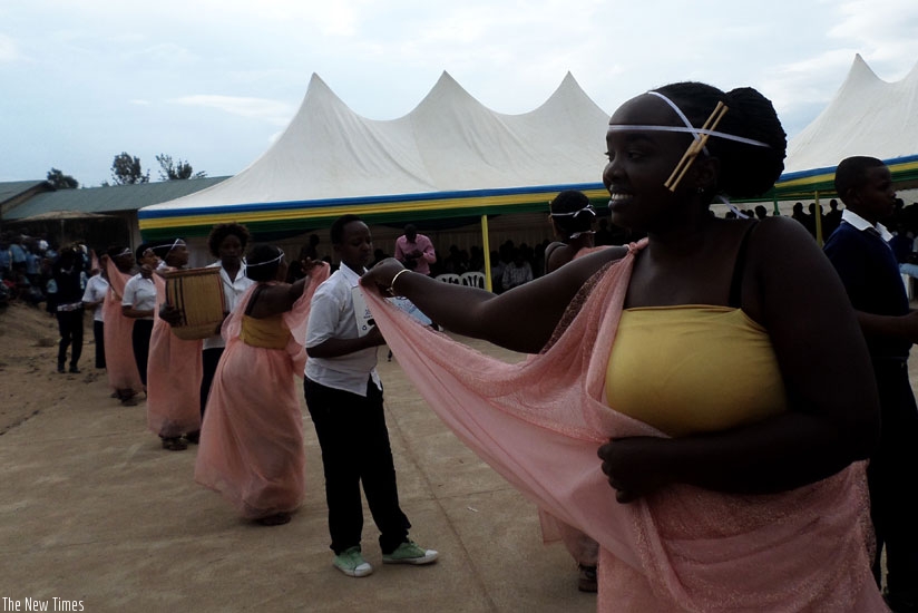 The Indatirwabahizi dance troupe perform at the launch of Patriotism Month at GS Kagugu Catholique in Gisozi. (Julius Bizimungu)