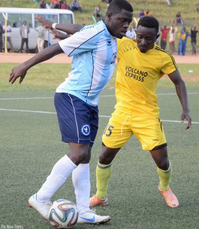 Police FC striker Isaie Songa in action against Mukura during the opening weekend of the league. (Sam Ngendahimana)