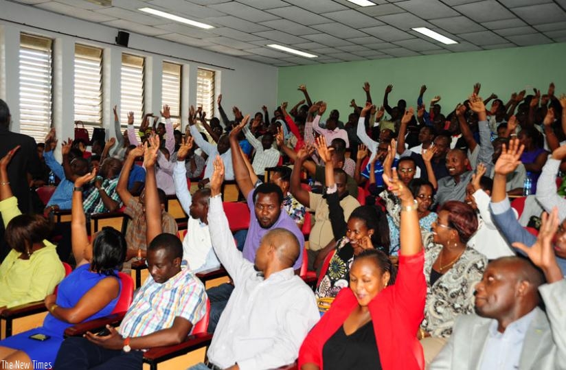 Members of Rwandan community in Kenya vote for their candidates by show of hands. (Courtesy)