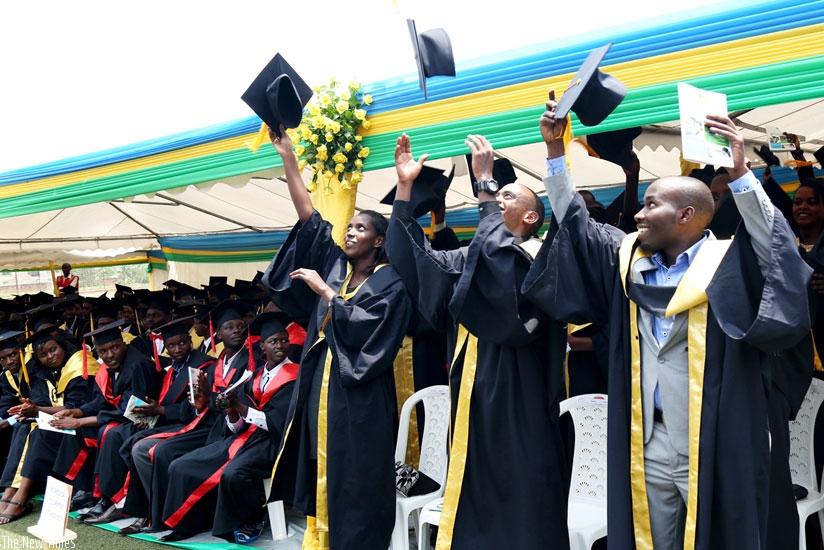 Graduates at IPRC Kigali toss their mortarboards during a graduation ceremony earlier this year. EAC is seeking to harmonise education system in partner states. (File)