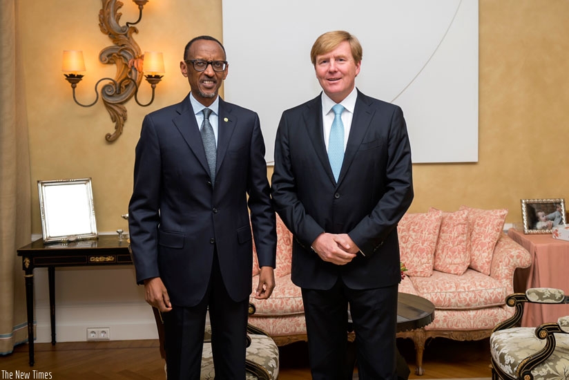 President Kagame with His Majesty King Willem-Alexander of the Kingdom of The Netherlands during the President's working visit to The Netherlands yesterday. Following his meeting with the King, Kagame met with Queen Maxima, who also serves as UN Secretary-General's Special Advocate for Inclusive Finance for Development. Kagame ended the first day of his working visit with a business roundtable hosted by Sharon Dijksma, the minister for agriculture of the Kingdom of the Netherlands. (Village Urugwiro)