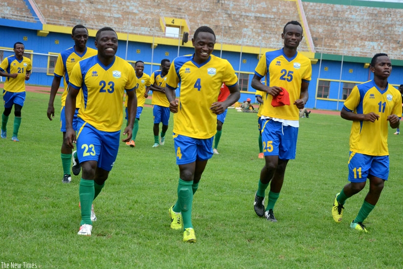 Amavubi players train at Amahoro stadium recently. Amavubi coach Johnny Mckinstry will use the CECAFA tourney as preparations for CHAN Championship. (Sam Ngendahimana)