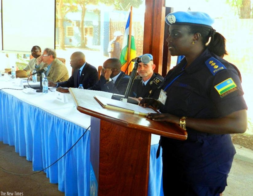 CIP Umuraza speaks shortly after her appointment as the chairperson of the United Nations Police Women Network under MINUSCA.  (Courtesy)